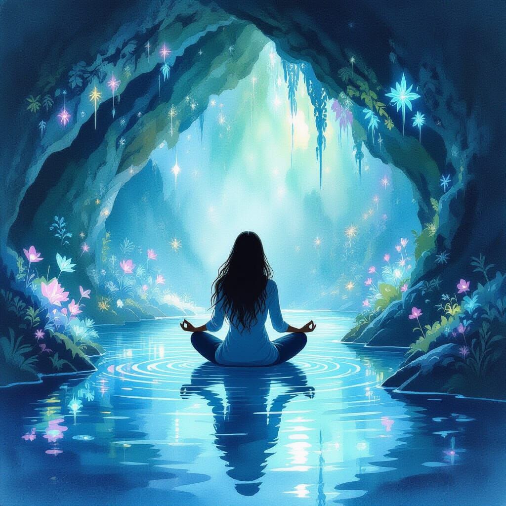 Bioluminescent Grotto Meditation in Watercolor and Gouache