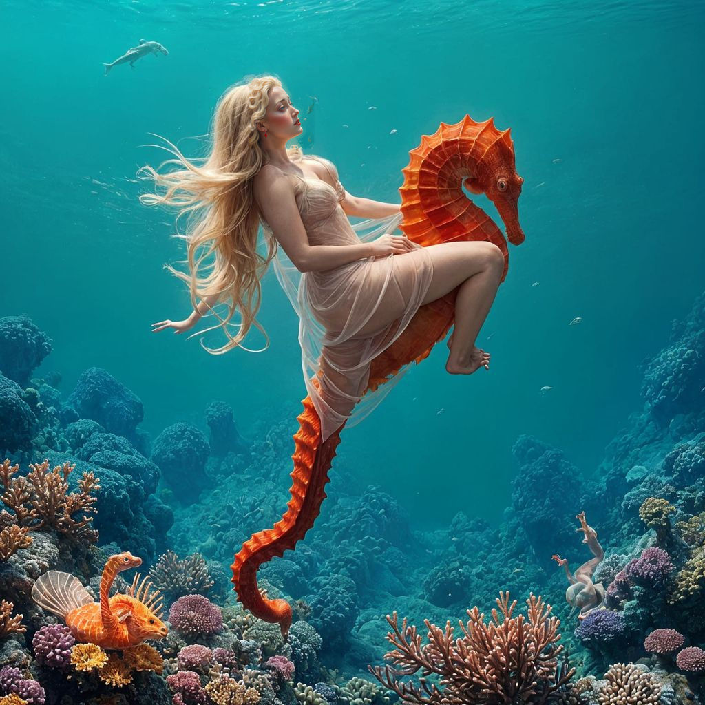 Surreal Mermaid Rides Red Seahorse in Vibrant Ocean