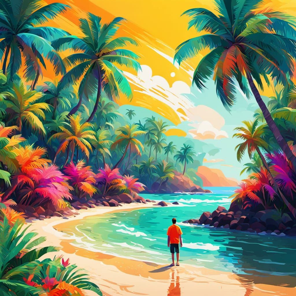 Tropical Beach Scene in Fauvist Expressionism
