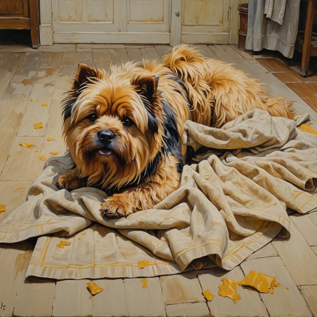 Yellow Chow Chow-Yorkie Mix After Bath, Oil Painting