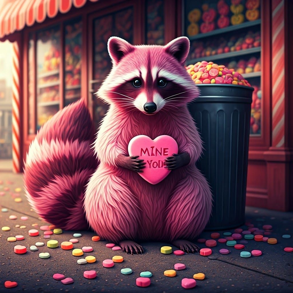 Surreal Pink Raccoon Sits Among Candy Hearts in a Colorful C...