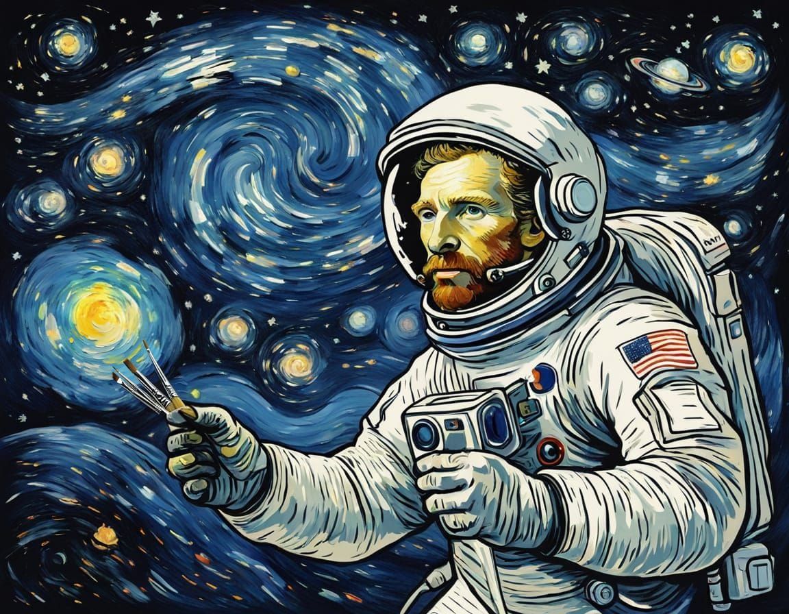 Astronaut in Starry Oil Painting