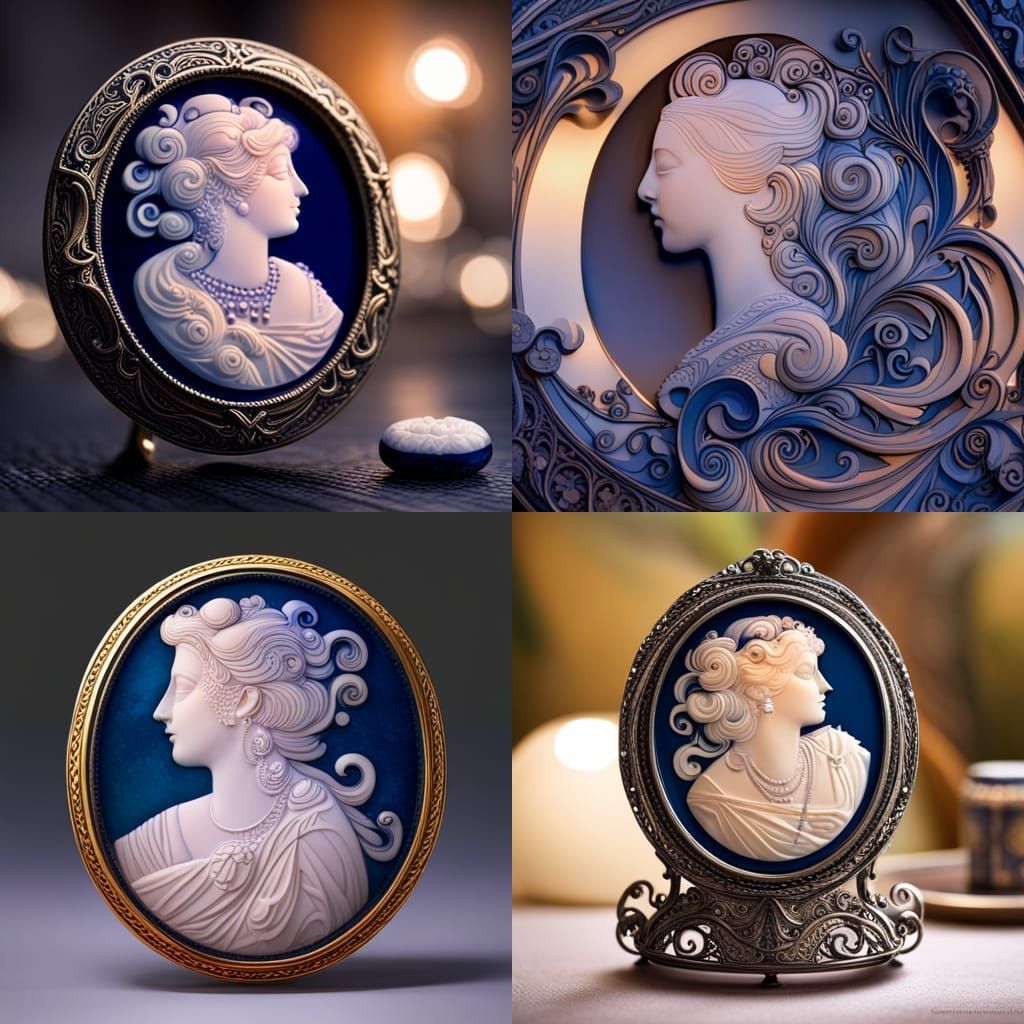 Ornate Cameo Jewelry with Abstract Scrollwork and Lighting