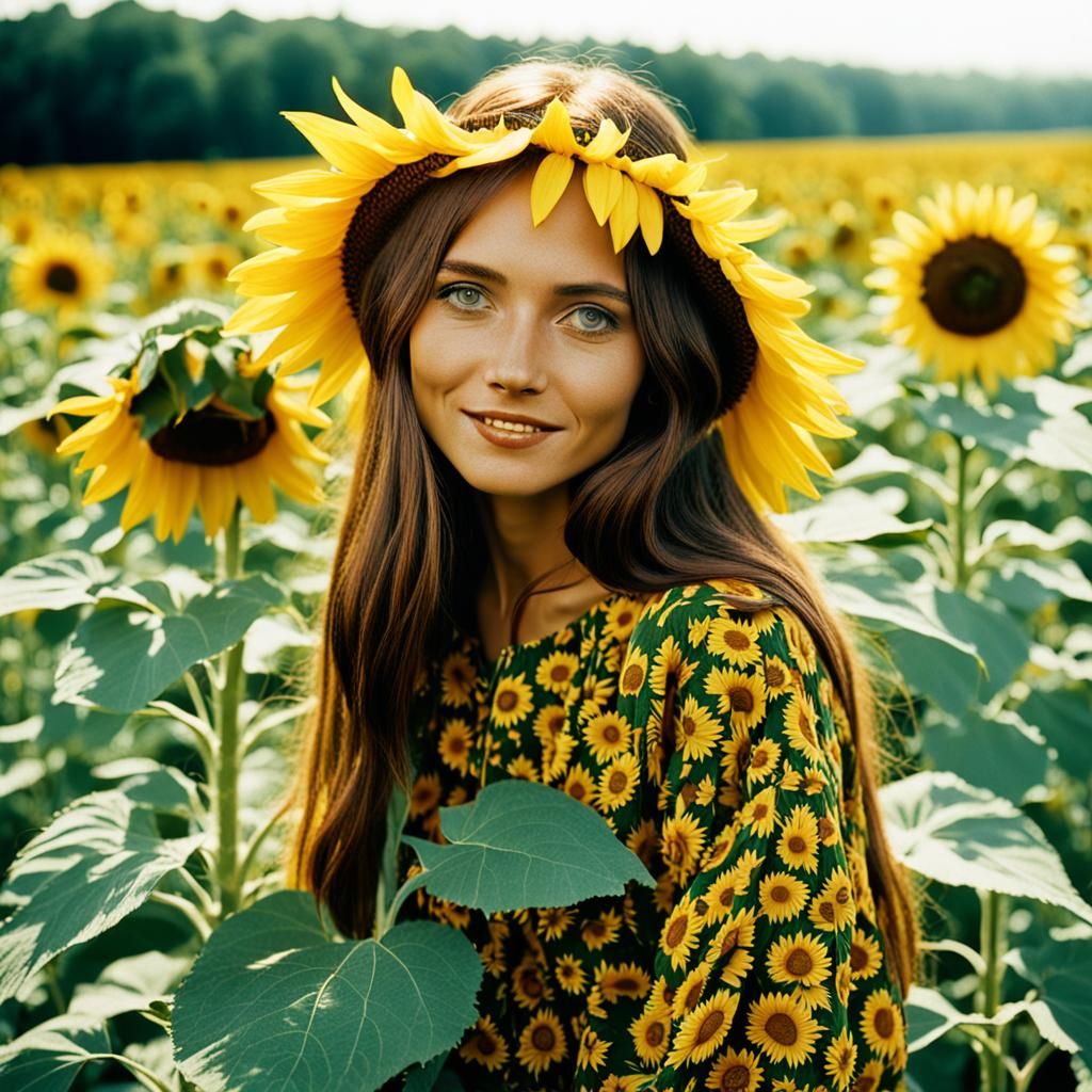 Hippie Woman in Sunflower Field, Circa 1966