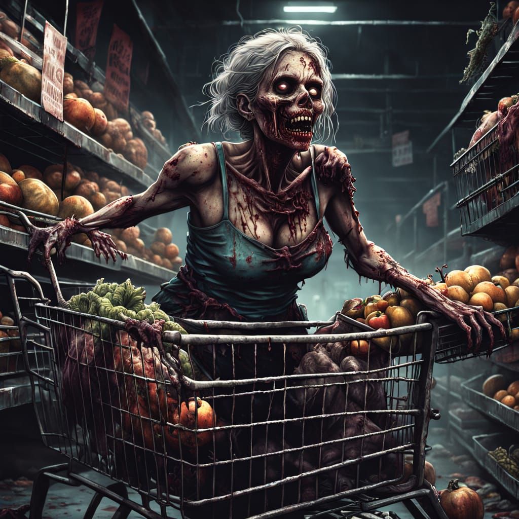 Zombie Woman Rides Shopping Cart in Horror Concept Art