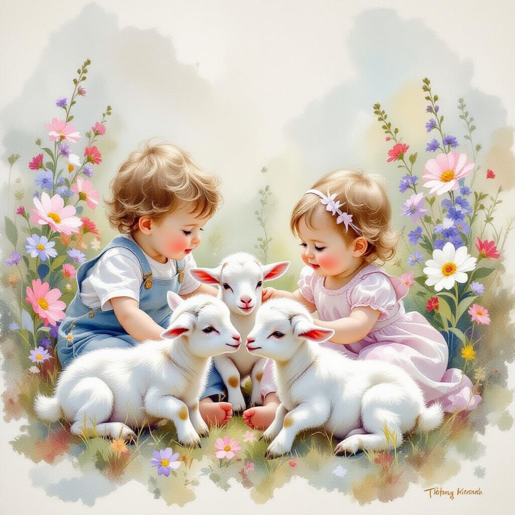 Ethereal Fantasy Watercolour of Children with Goats