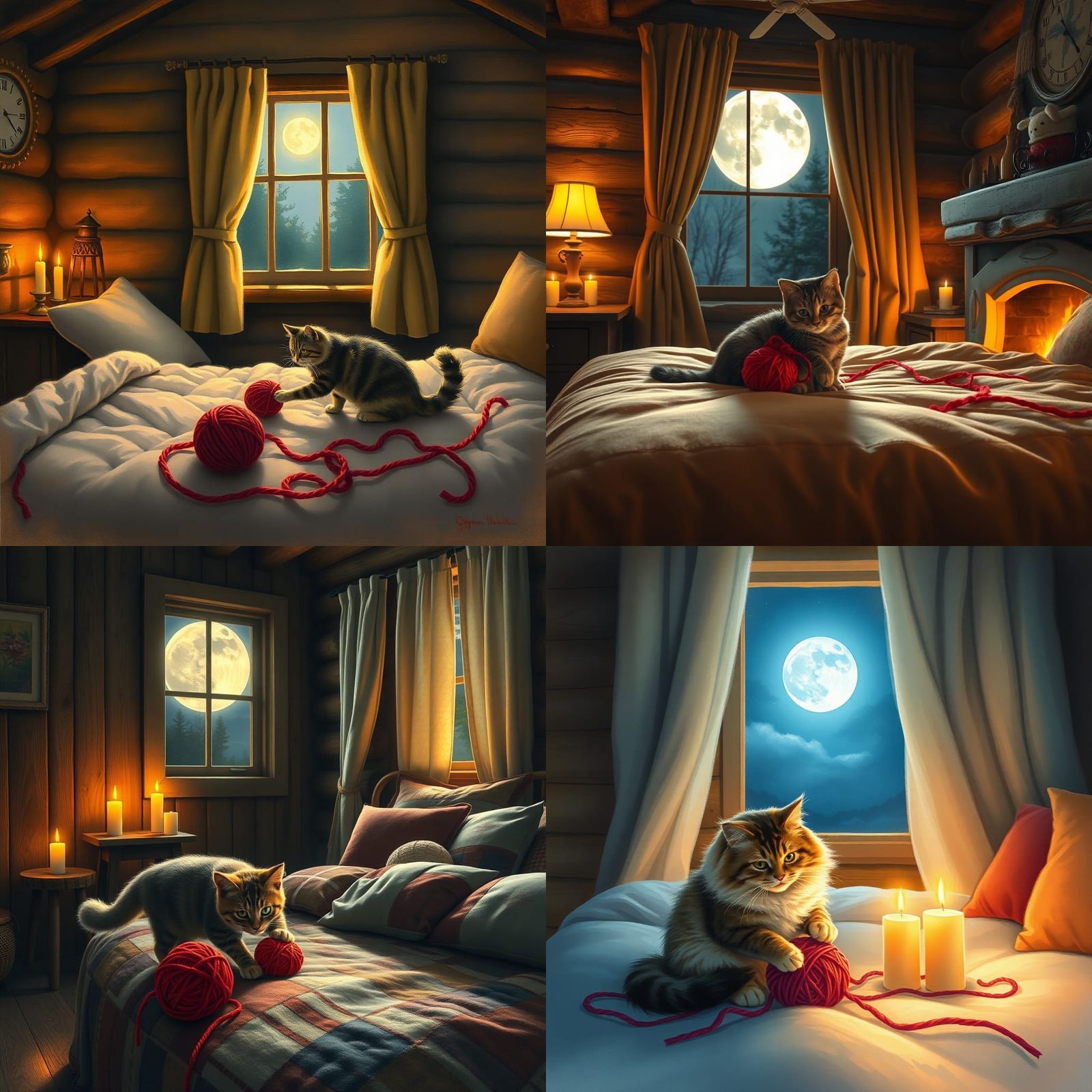 Cozy Candlelit Cabin Room with Cat at Night