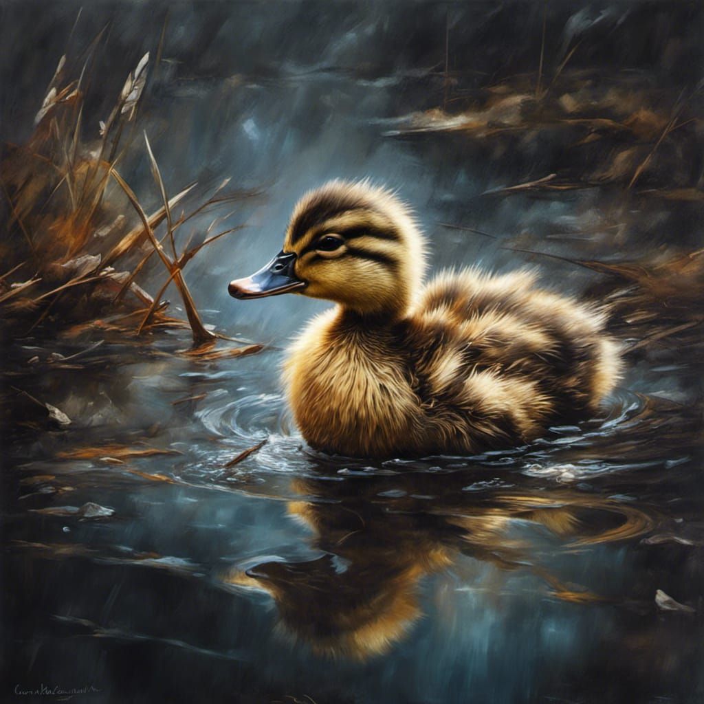 Duckling in Winter Creek: Photorealistic Oil Painting