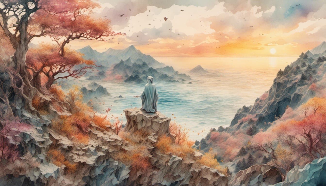 Watercolor Cliffside Sunset: Serene Wellness Retreat