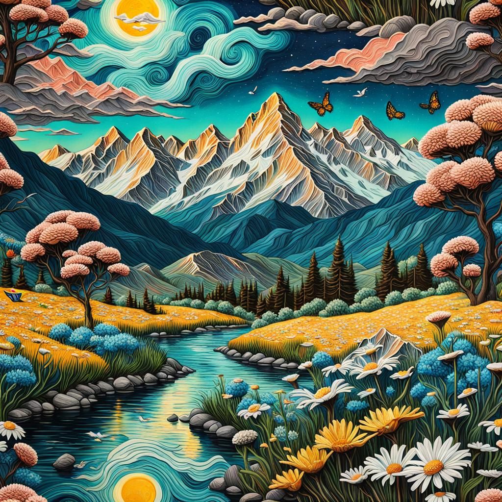 Neon Mountains in Van Gogh Style