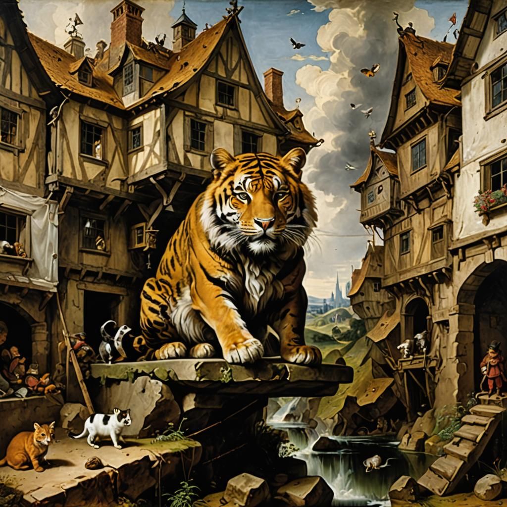 Giant Cat in Distorted Landscape, Rembrandt Style