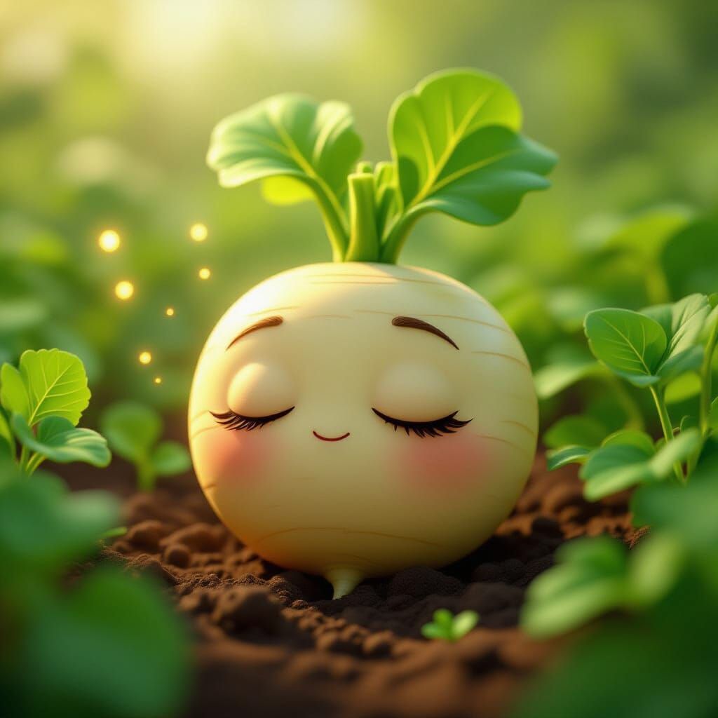 Adorable CGI Cartoon Turnip in Lush Garden