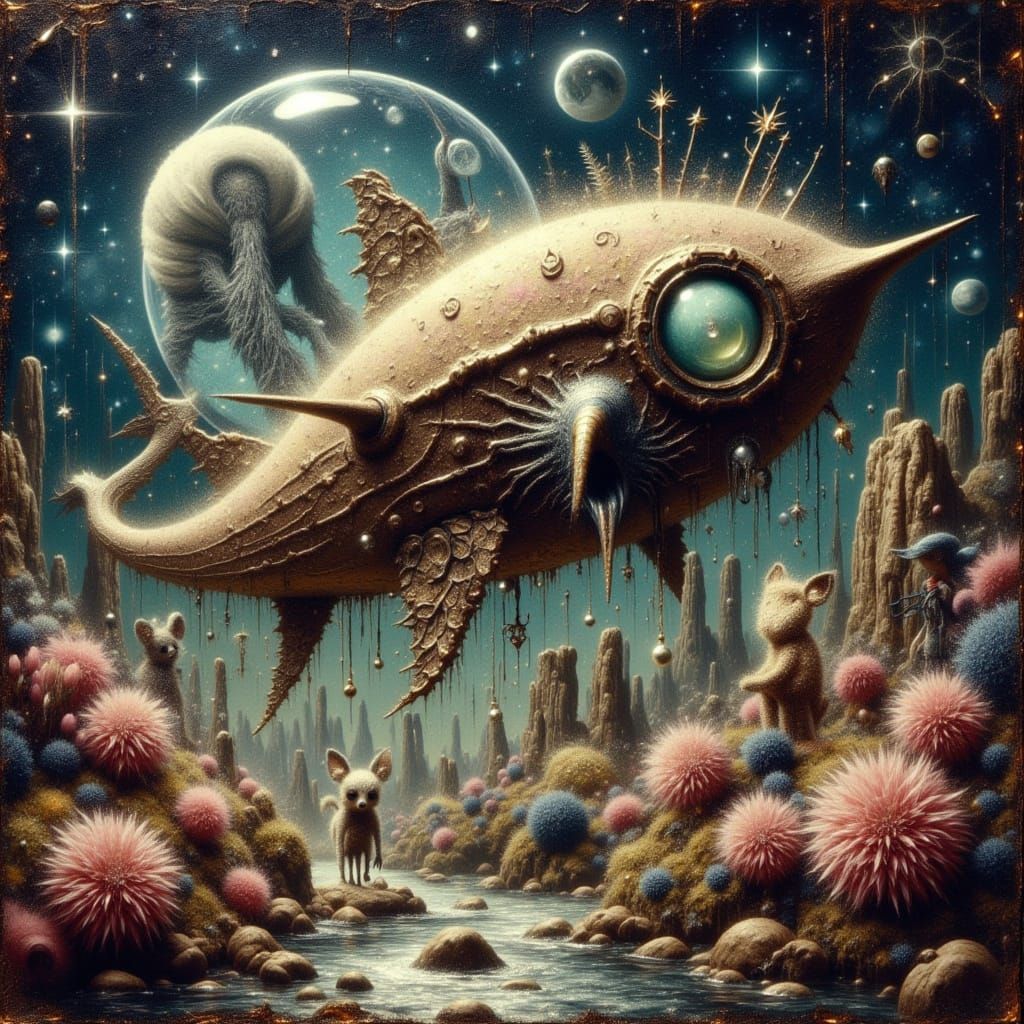 Furry Aliens by Spaceship: Don Macana Style Oil Painting