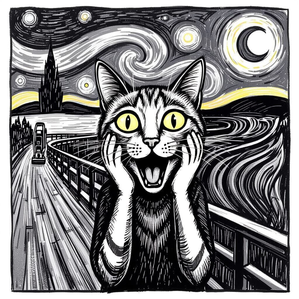 Cat's Scream: Black and White Line Art