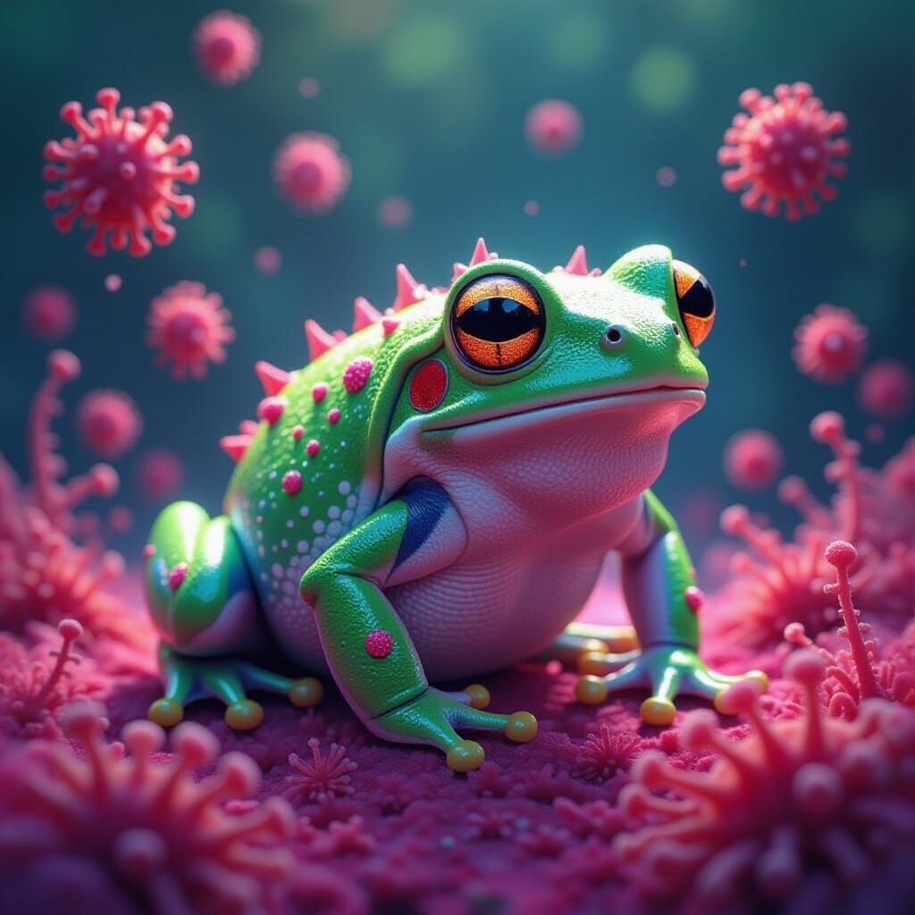 Whimsical Frog Swarming with Joyful Microbes