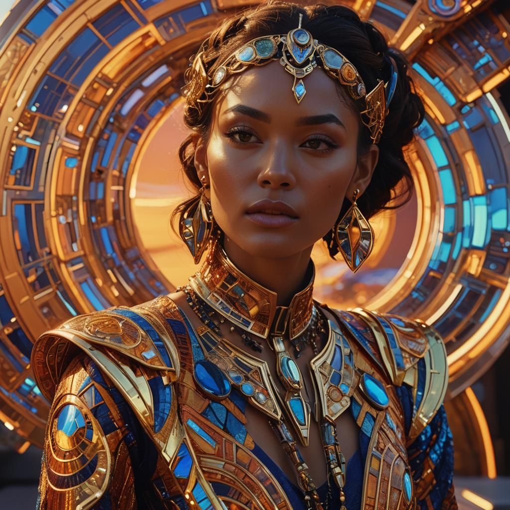 Woman in Futuristic Jewelry, Hyperrealistic Digital Art