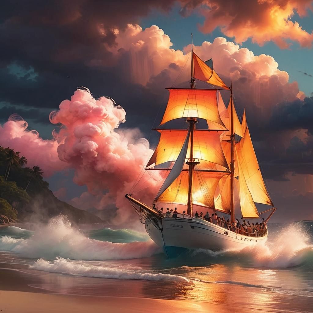 Sunset Sailboat Scene with Children on Shore