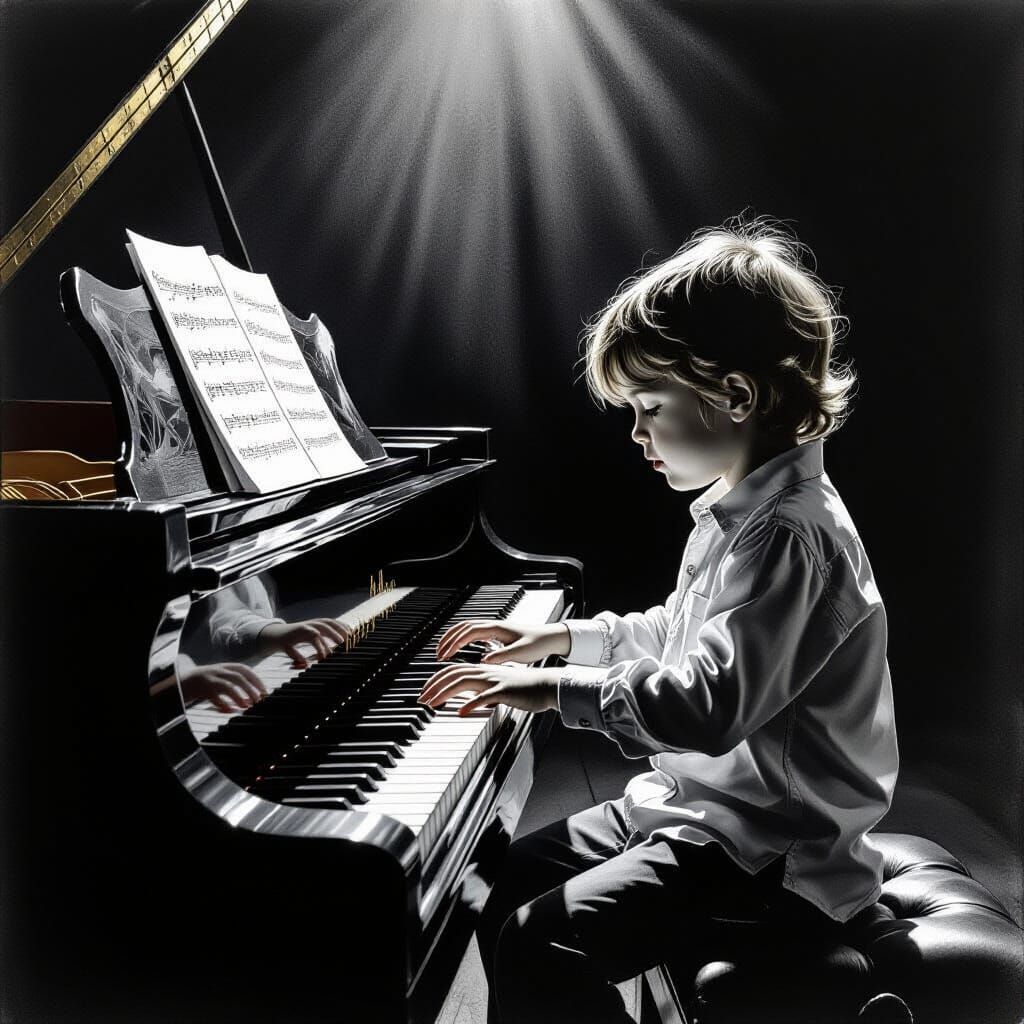 Child Prodigy Plays Grand Piano in Dramatic Charcoal Drawing