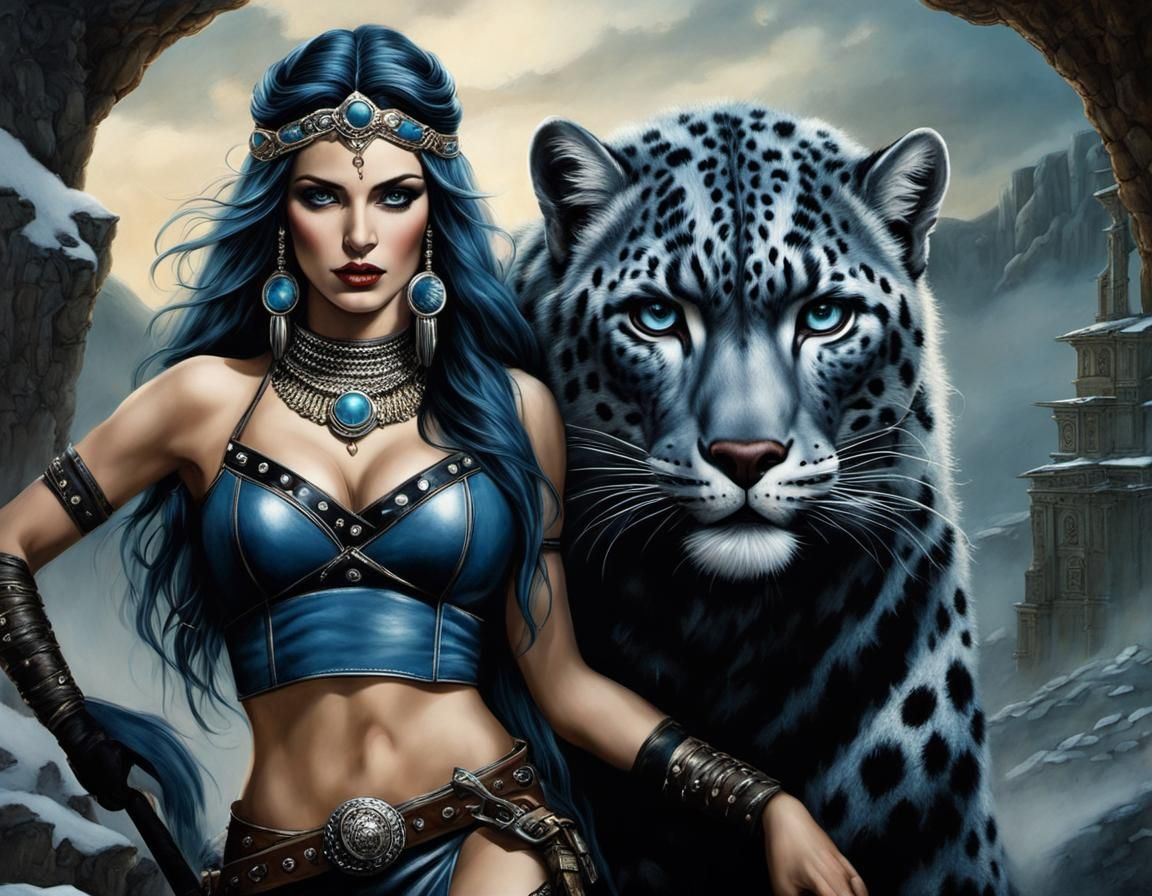 Barbarian Woman with Leopards in Dreamy Fantasy Art