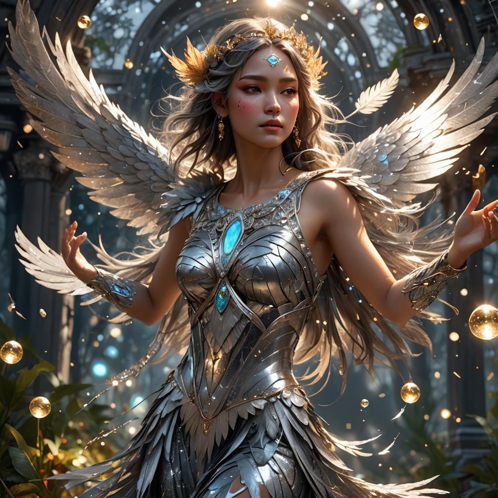 Silver Nymph with Feather Dress, Art Nouveau