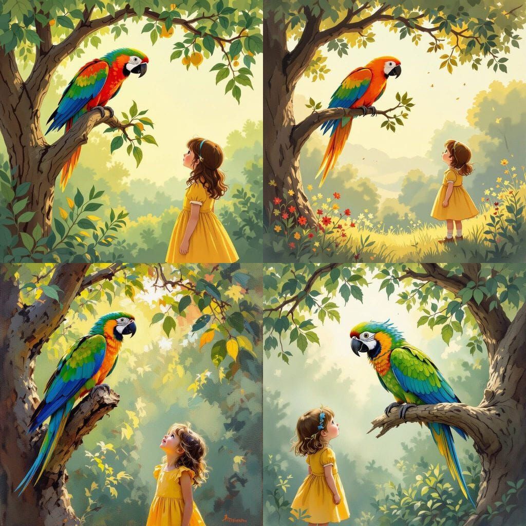 Parrot Lands on Branch Beside Girl in Yellow Dress