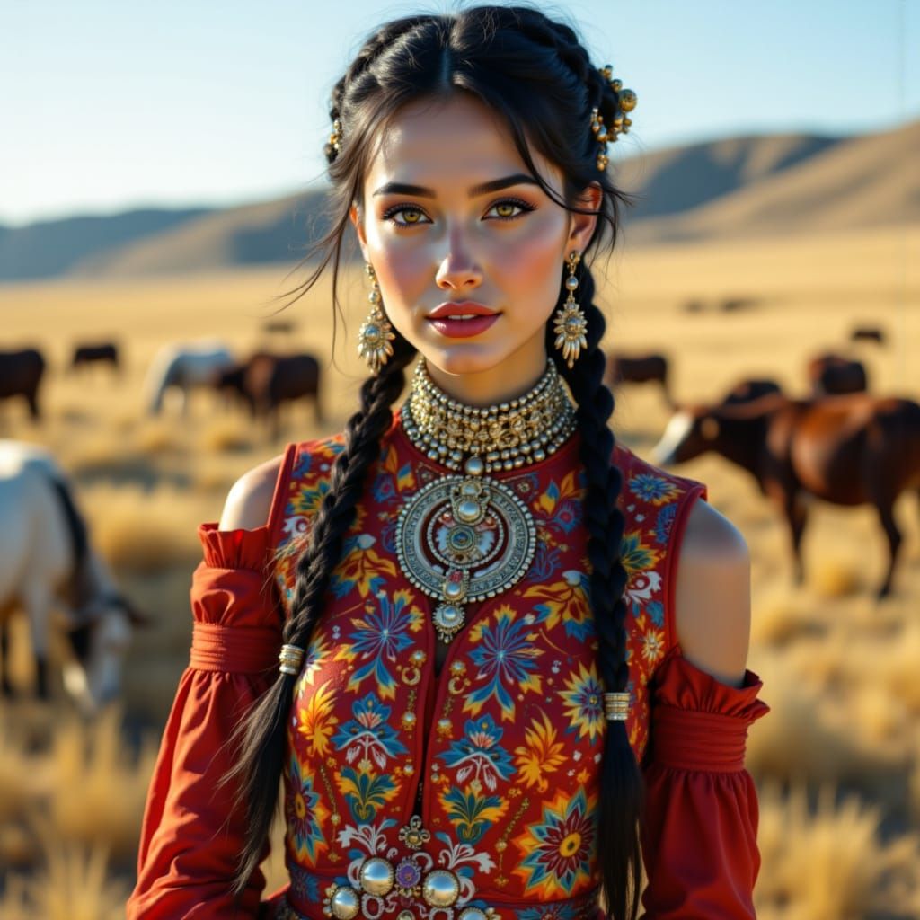 Mongolian Woman in Traditional Deel Attire on Serene Steppe