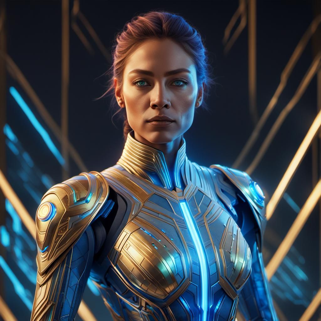 Confident Woman in Futuristic City, Art Nouveau Portrait