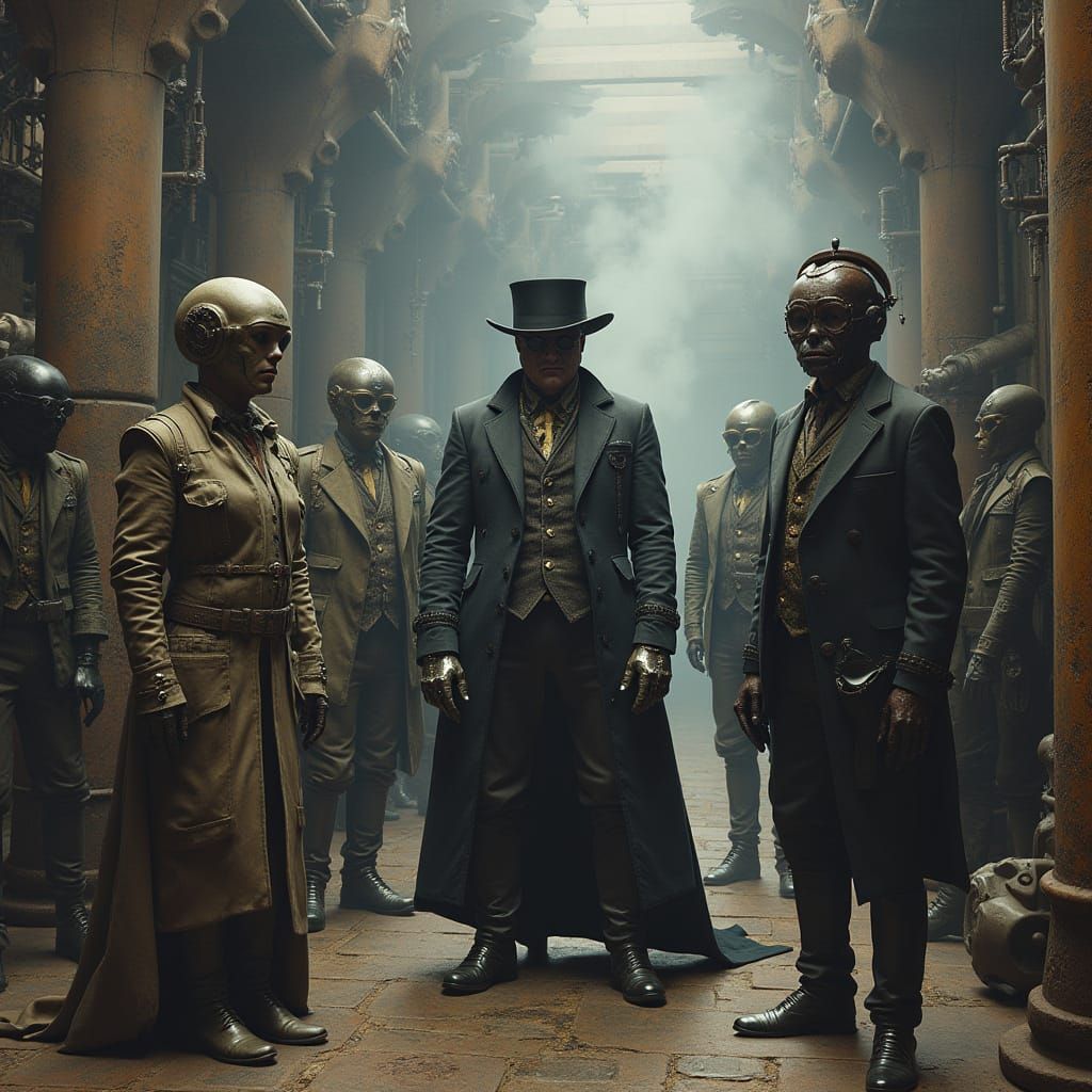 Neo-Victorian Industrial Punk Figures in Cyberpunk Style