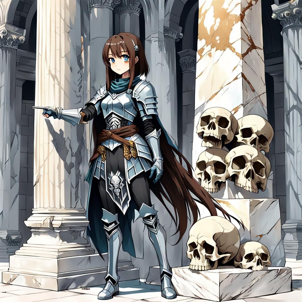 Anime Knight Points to Skull on Pillar