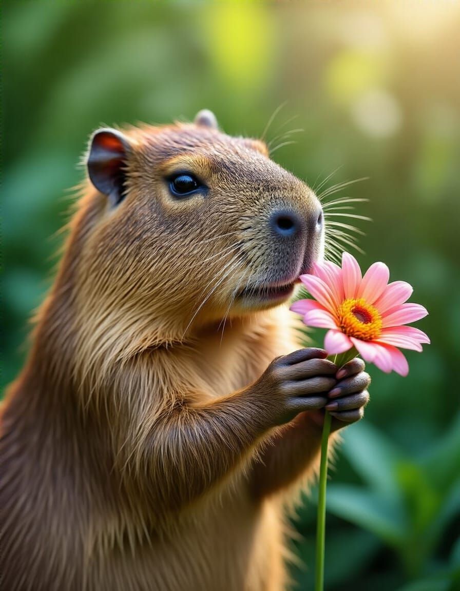 Heartwarming Capybara Sniffs a Vibrant Flower