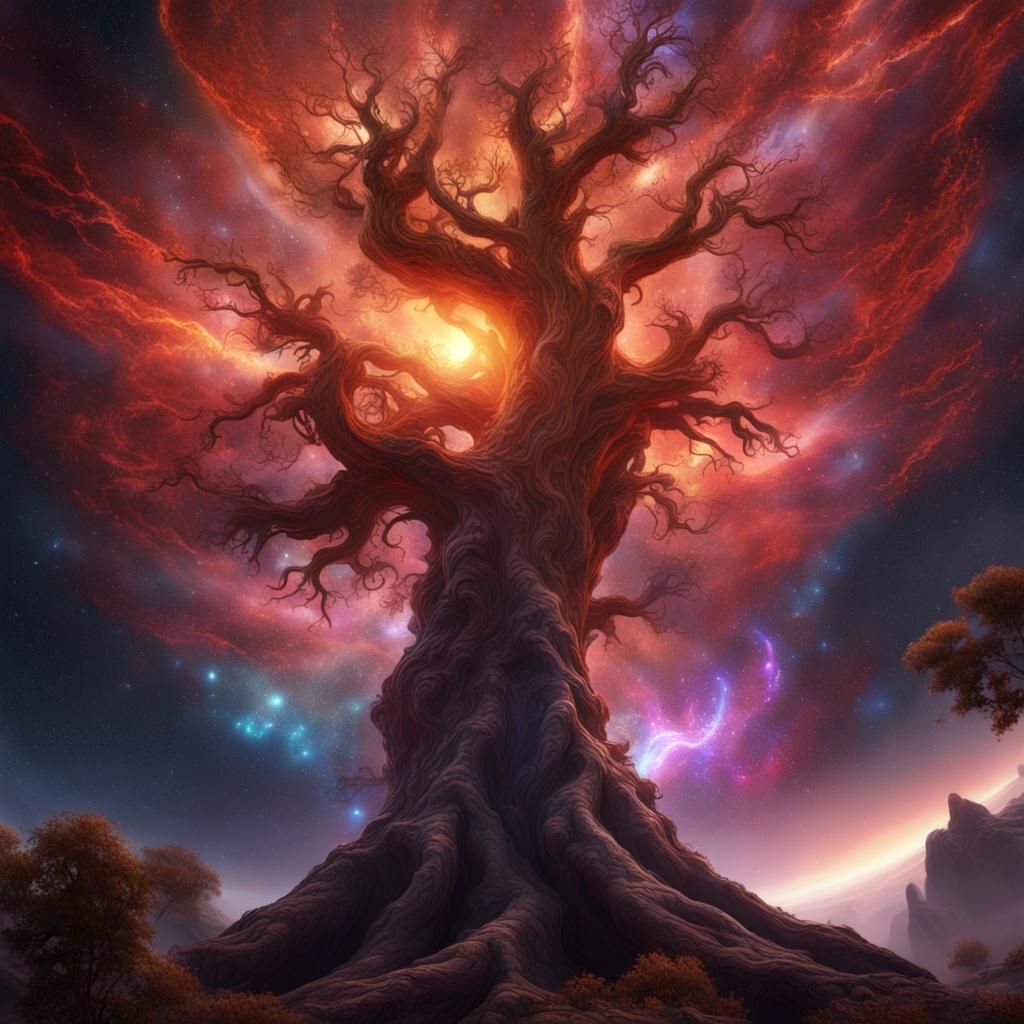 phoenix rising transforming into the cosmic spiral nebulas galaxies large trees rising up transcendent becoming grand as...