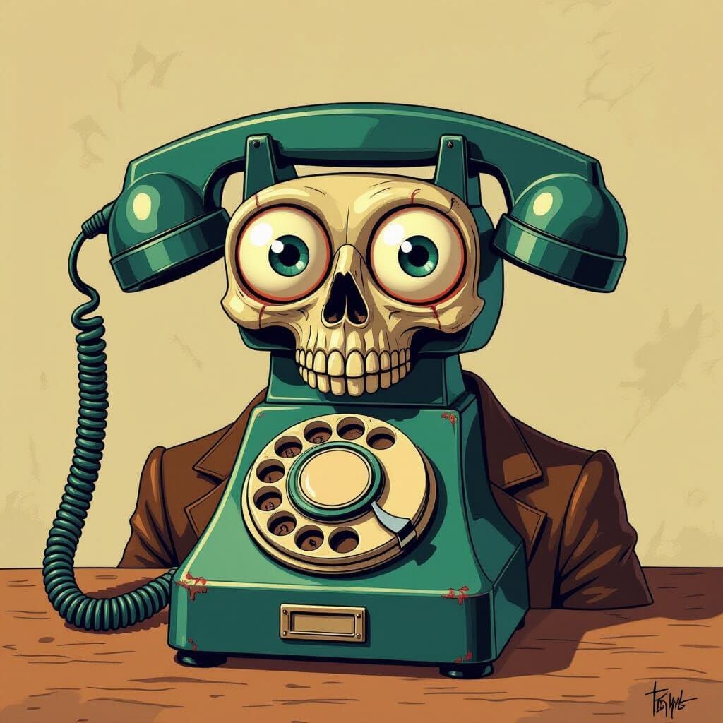 Surreal Macabre Phone with Eyes on Skeleton