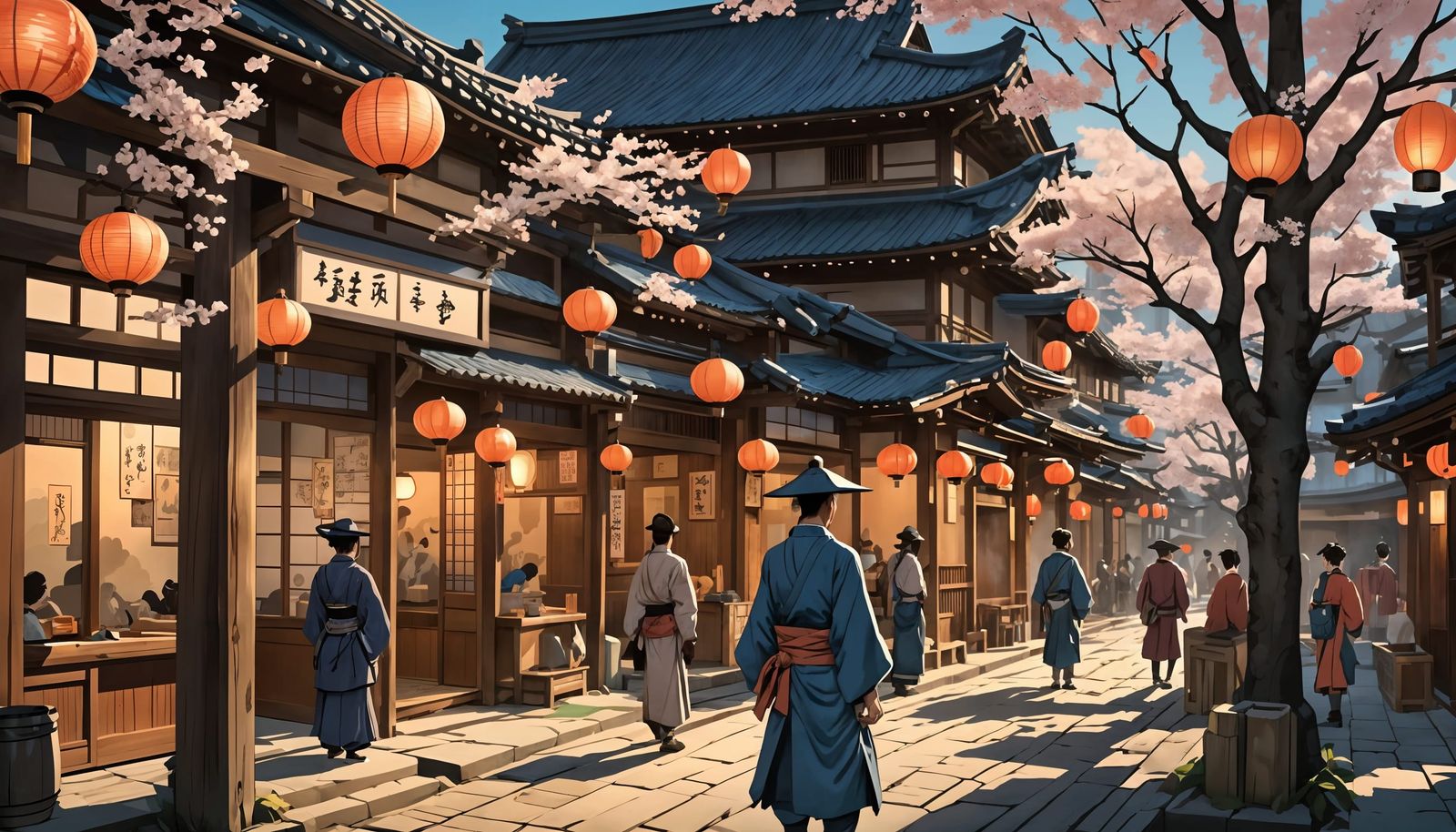 Bustling Japanese Street Scene in Ukiyo-e Style