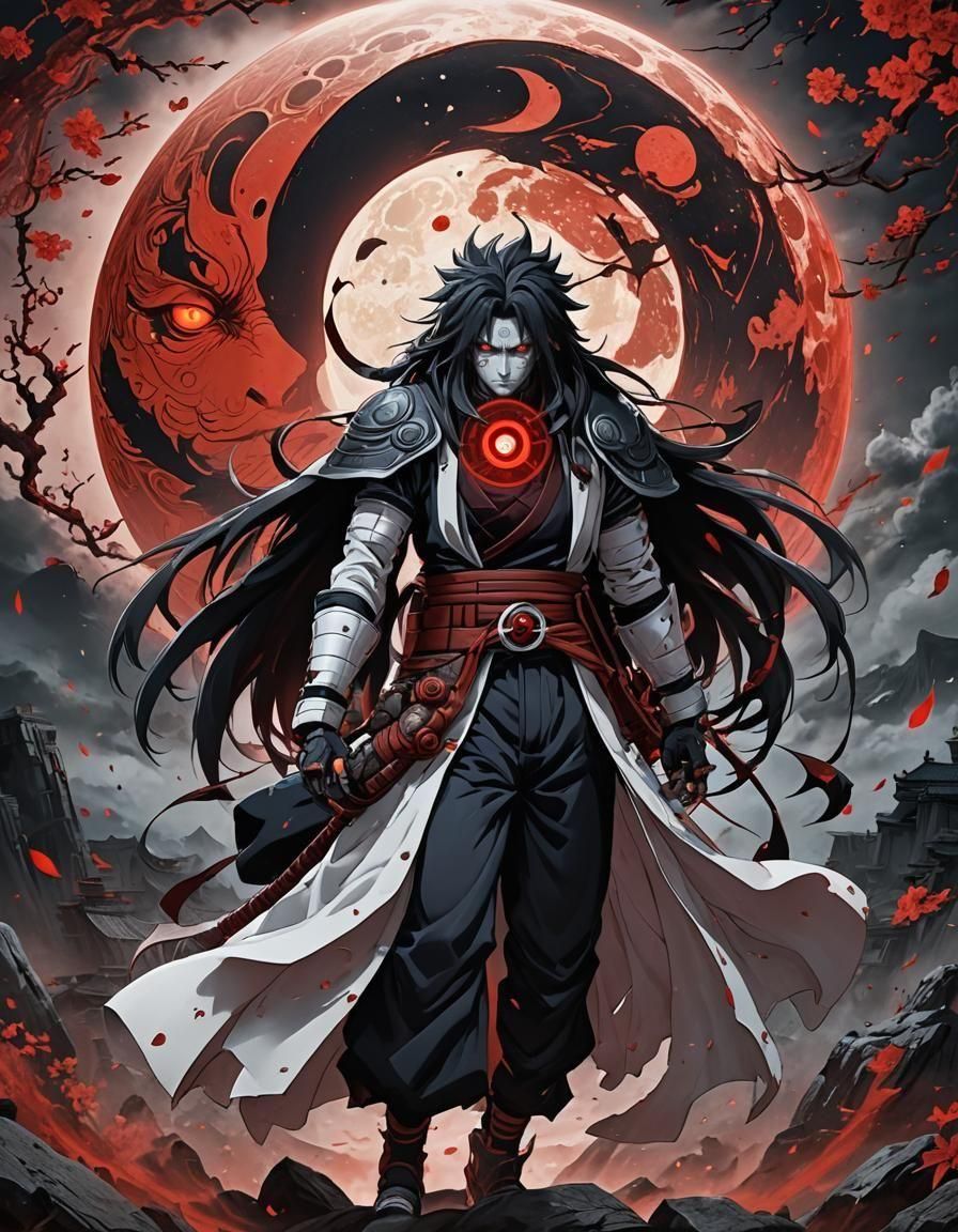 Madara Uchiha, white skin, in front of Red moon with sharing...