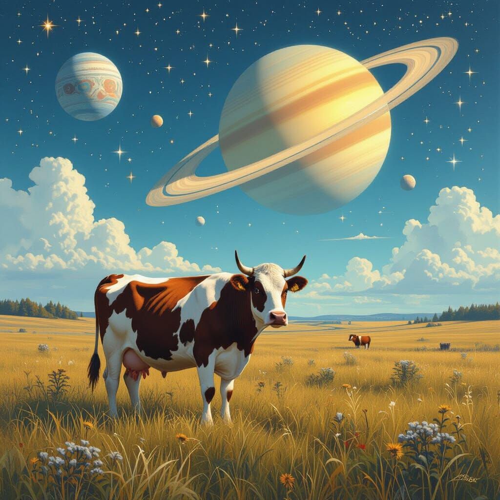 Cosmic Cow Among Stars with Saturn in Futuristic Style