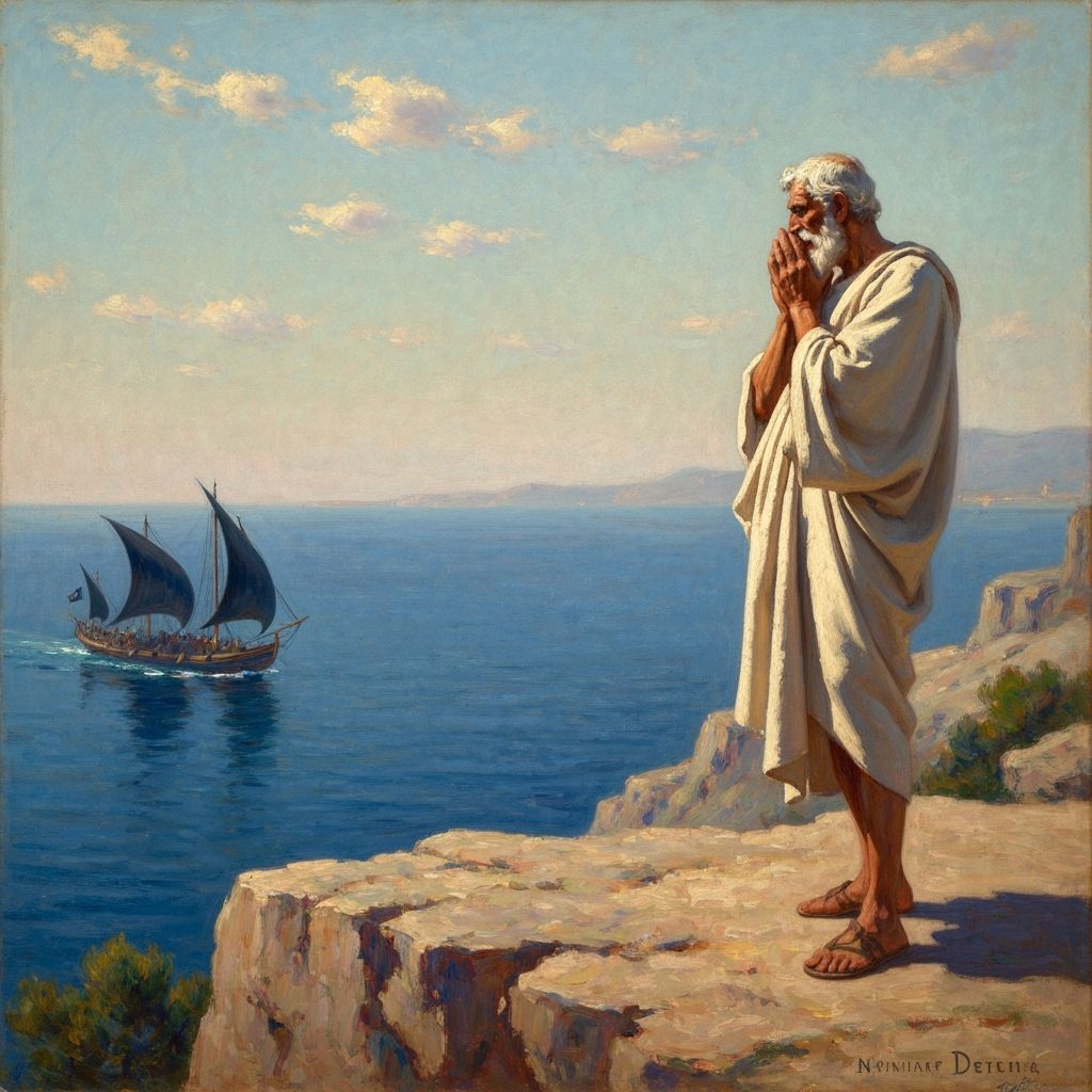 Old Man on Cliff Watching Approaching Trireme in Monet Style