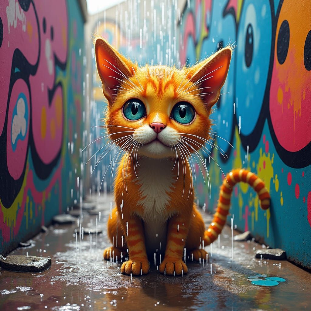 Drenched Cat in Colorful Graffiti Shower: Street Art Style