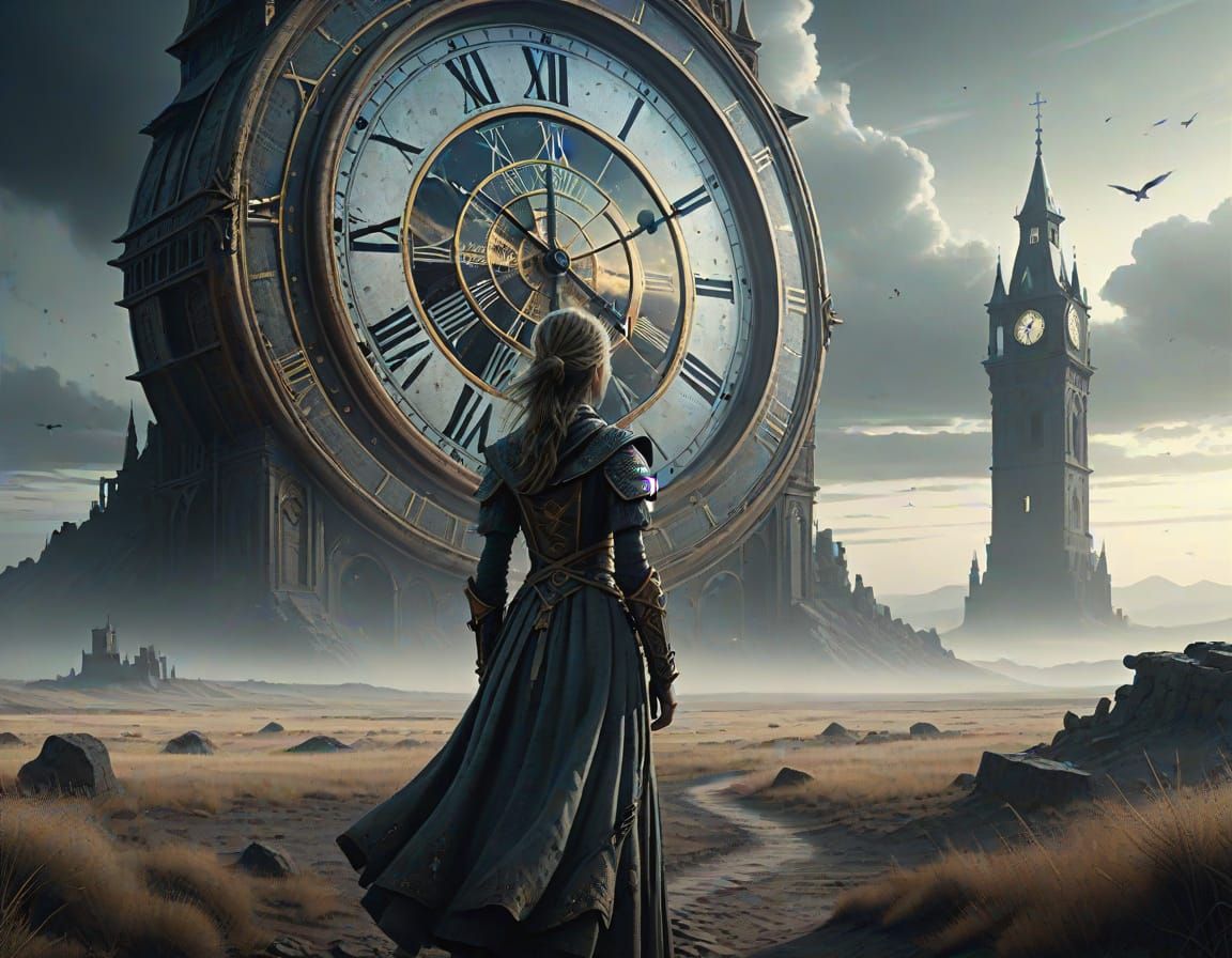 Mysterious Woman Gazes at Ancient Clock Tower
