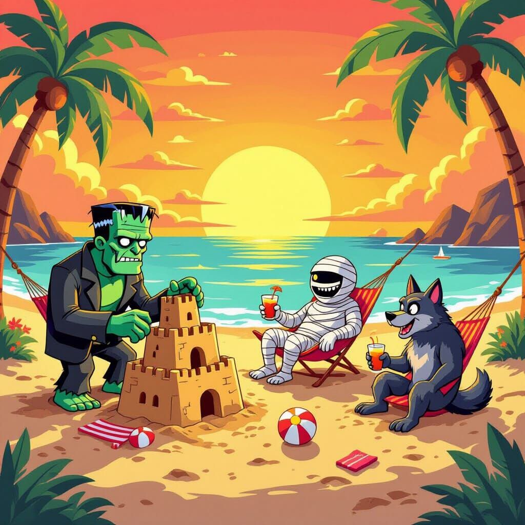 Monsters Enjoying Tropical Beach Vacation in Golden Sunset L...