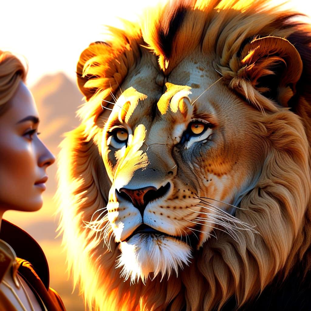 Majestic Lion Guarding Woman: Fantasy Concept Art
