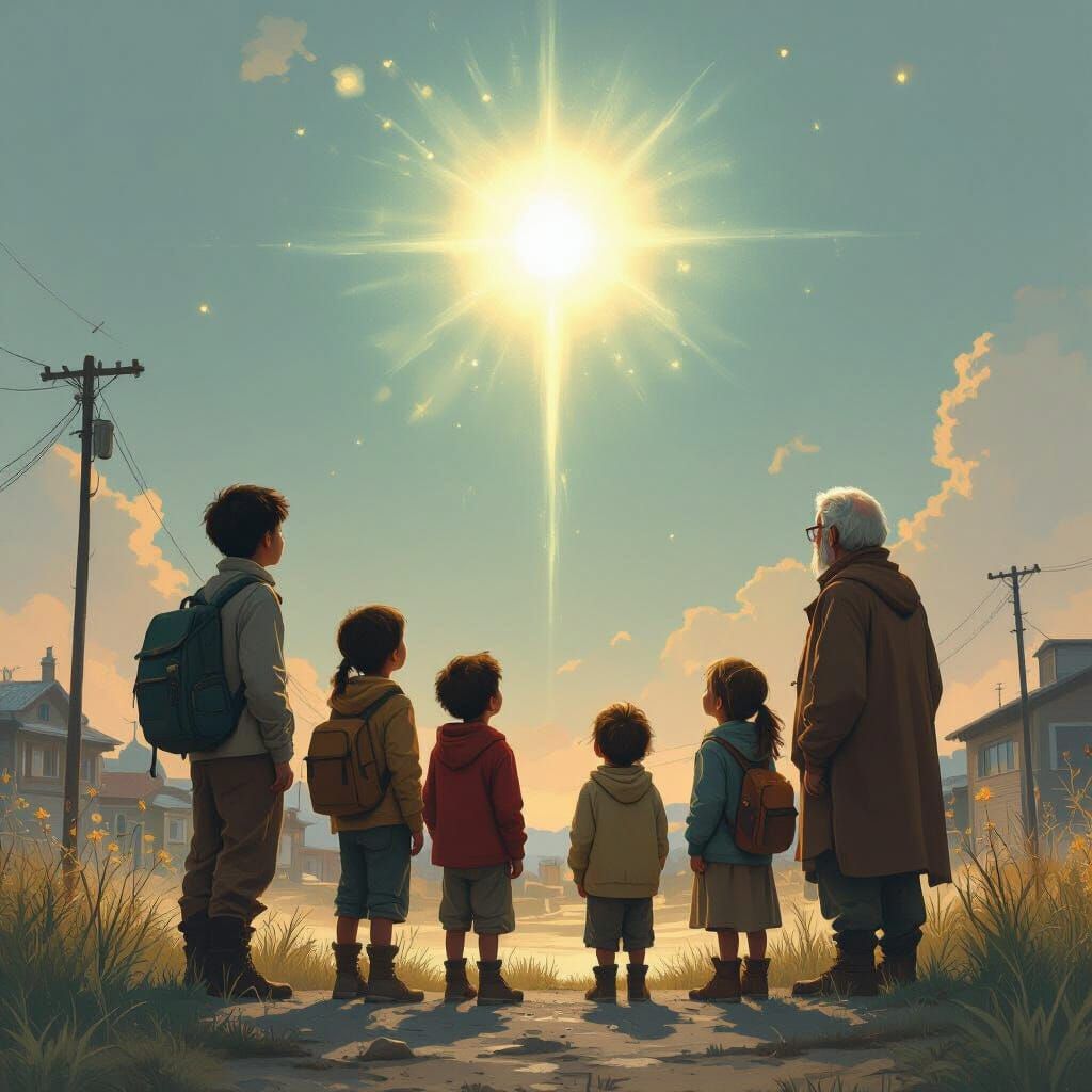 Hopeful Children and Elders Gazing at Ethereal Light