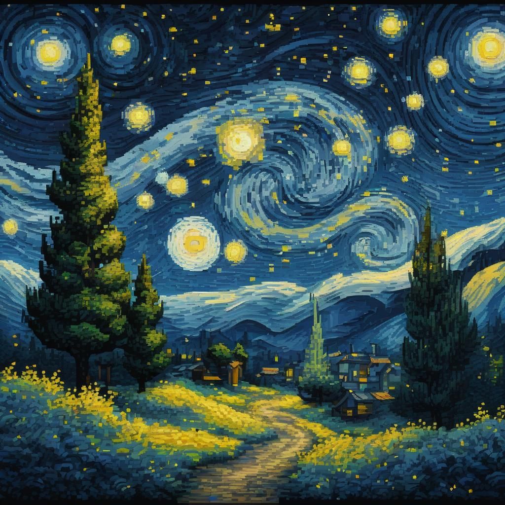 Starry Night Pixel Art in Pointillist Style