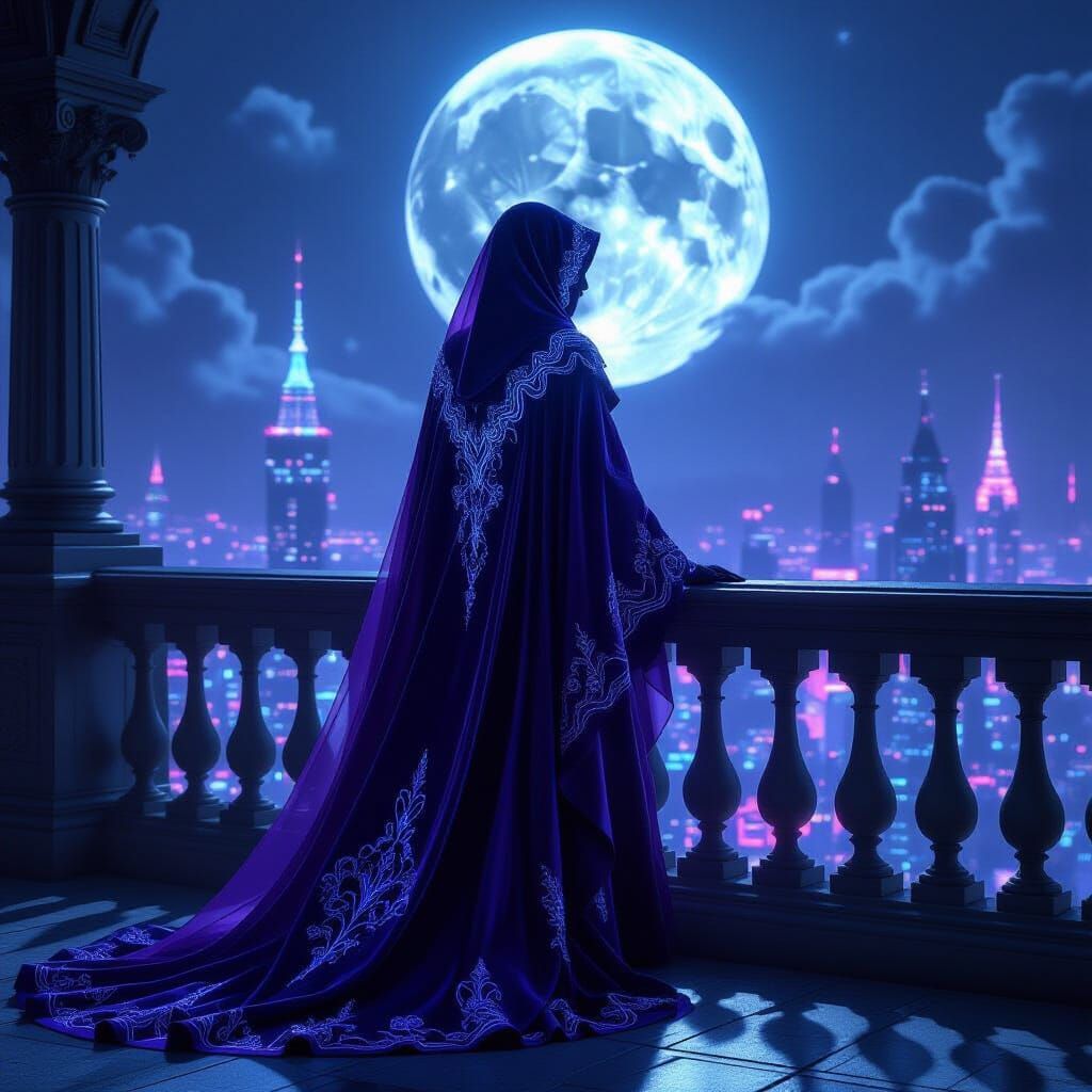 Celestial Gothic Being in Cyberpunk Cityscape