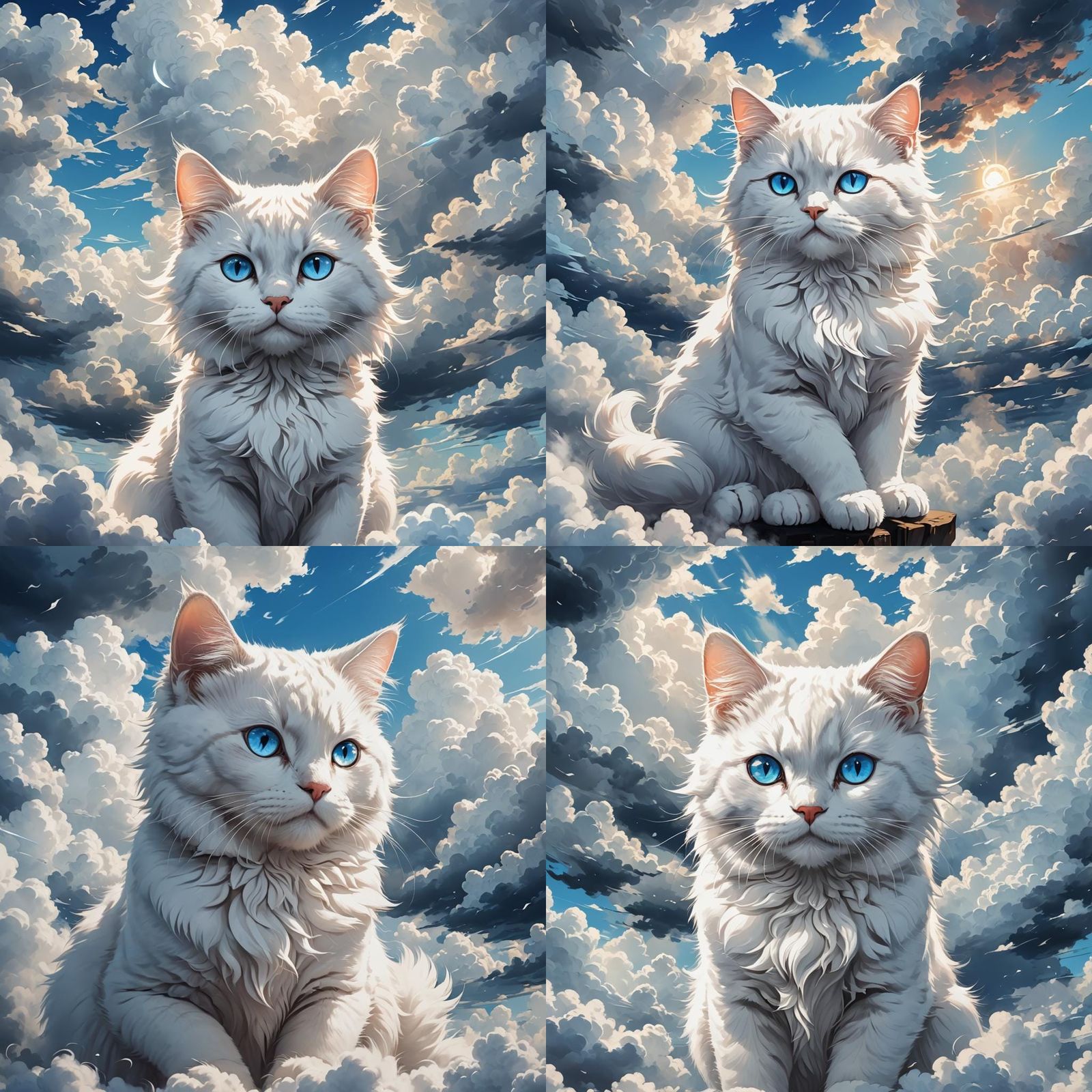 Anime Cat with Blue Eyes in the Clouds