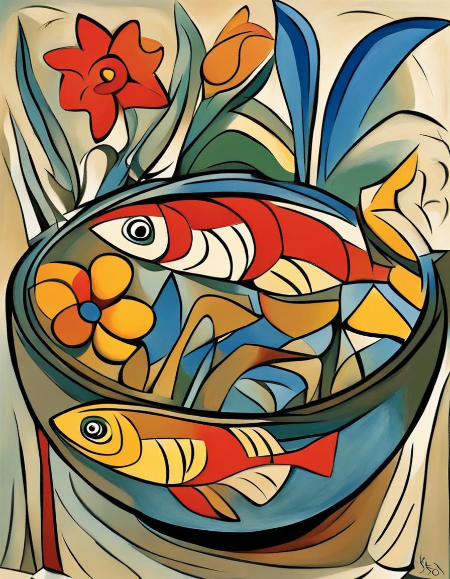 Fish and Flowers: Cubist-Inspired Still Life