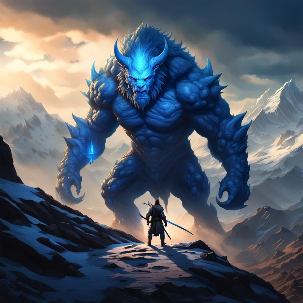 Giant Blue Beast in Mountain Range, Dark Fantasy Art
