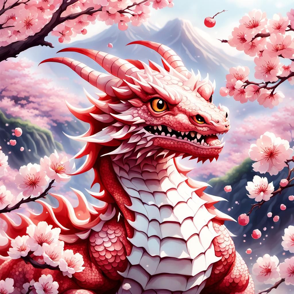 Kawaii Anime Dragon in Cherry Blossom Scenery