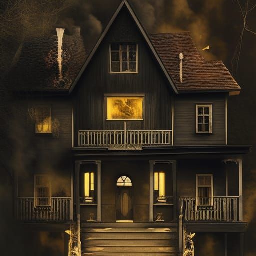 Fiery Haunted House with Ghosts in Art Nouveau Style