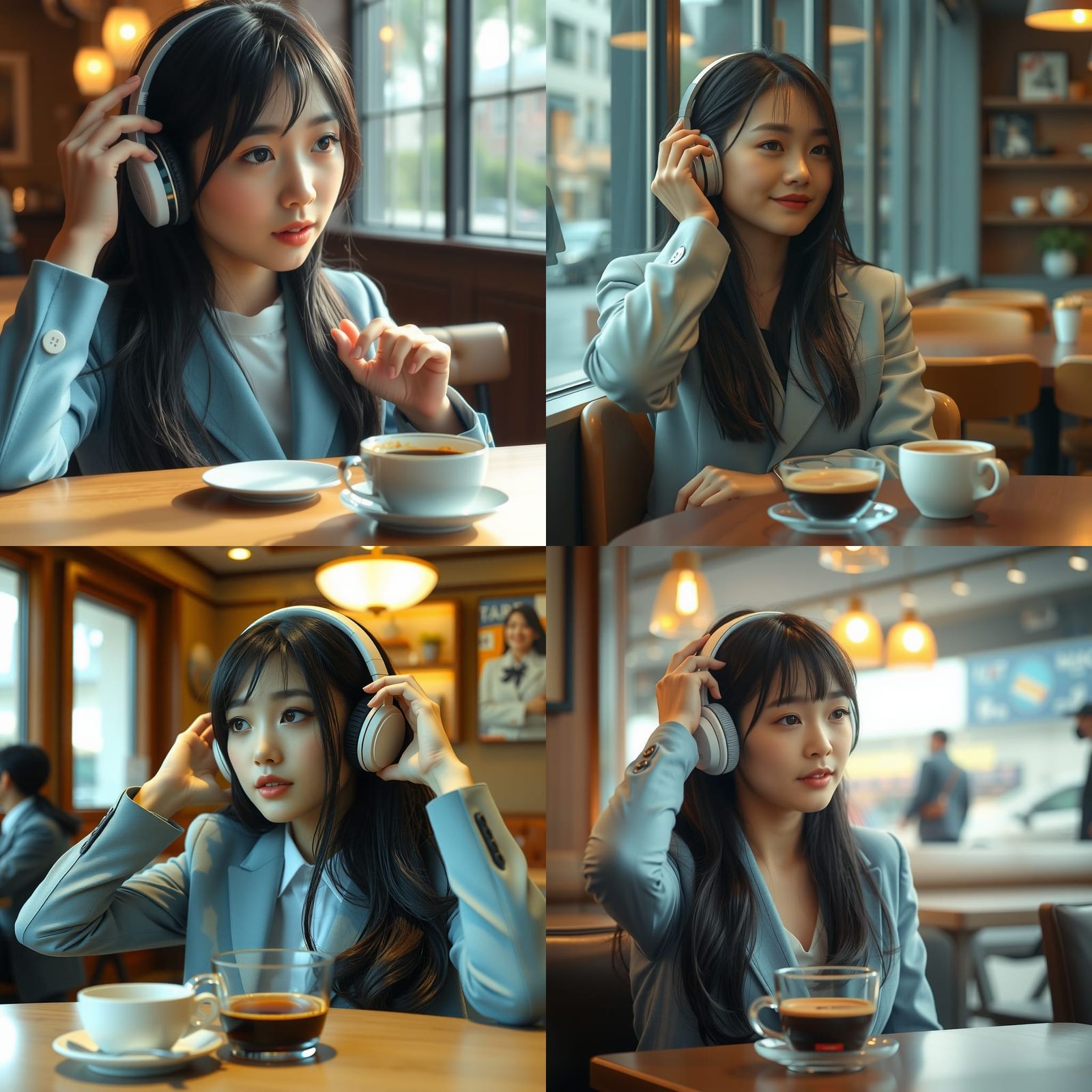 Japanese Girl Listening to Music in Cafe