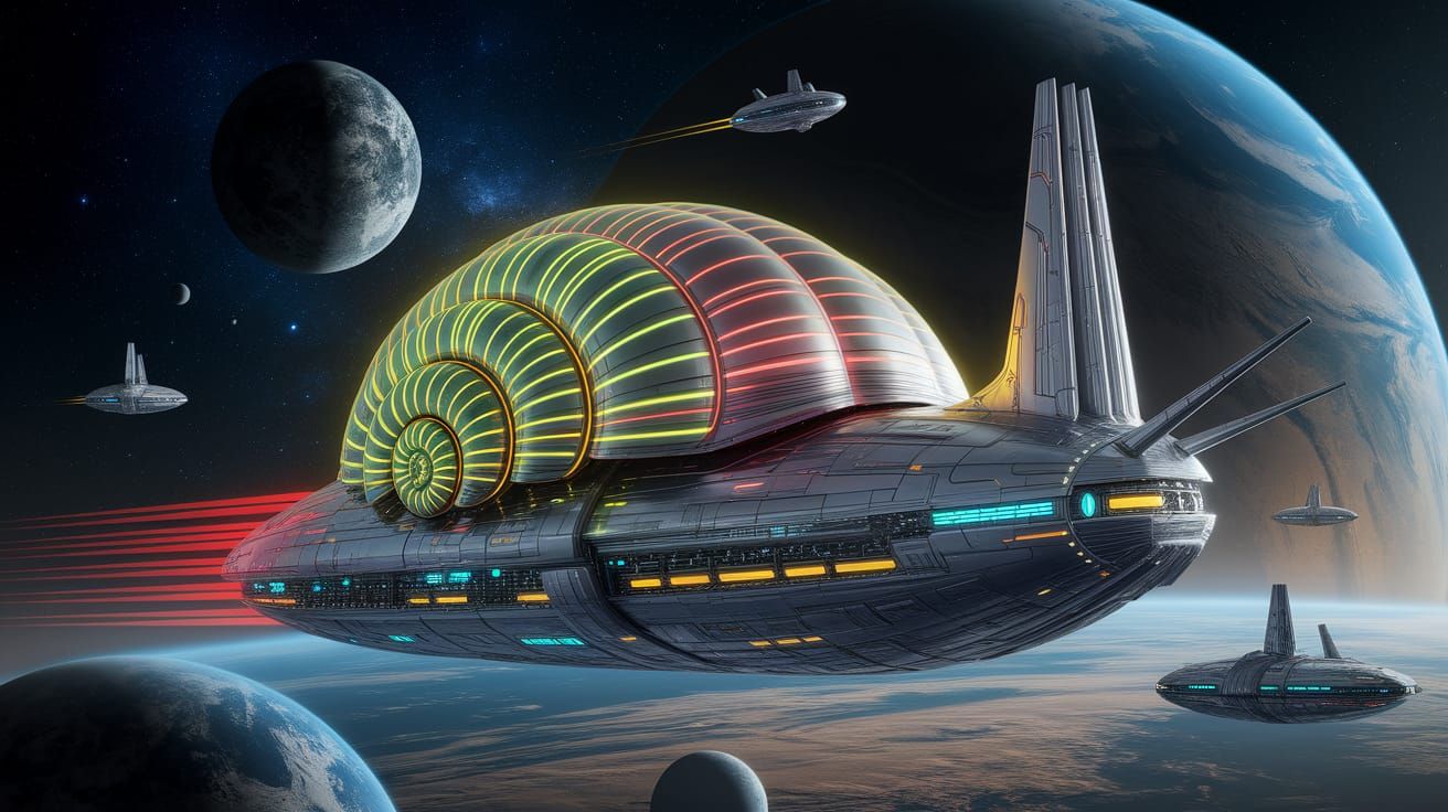 Bioluminescent Spaceship with Snail Shell Design